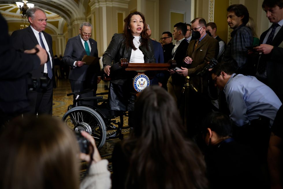 tammy duckworth with tim kaine and senate majority leader charles schumer during a news conference following the weekly democratic senate policy luncheon at the u s capitol