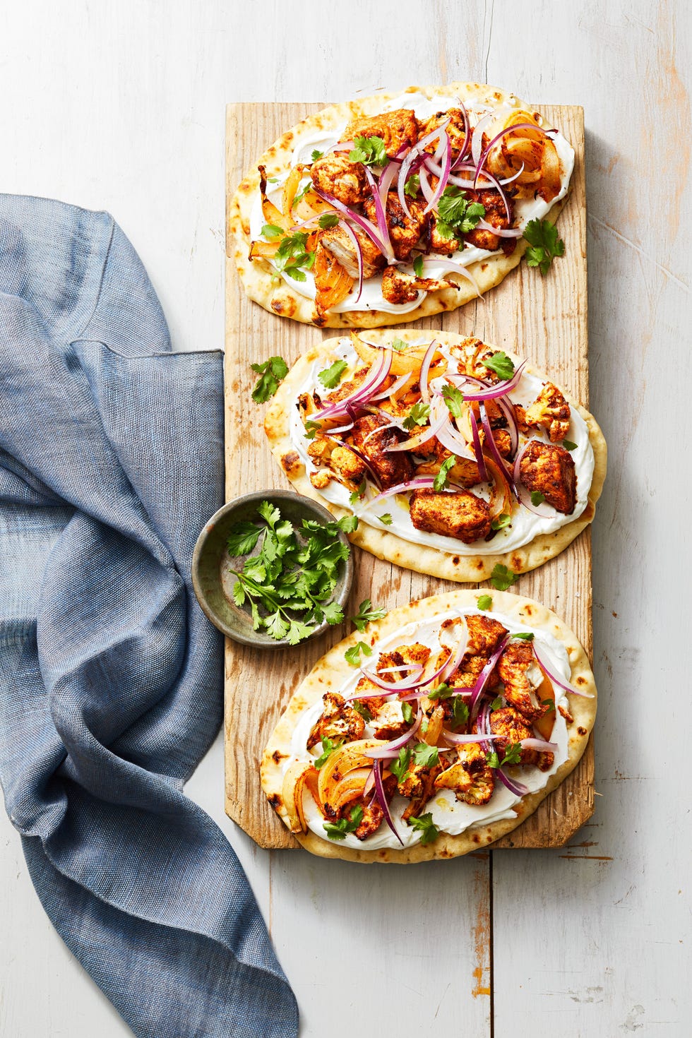 tandoori spiced cauliflower chicken flatbreads