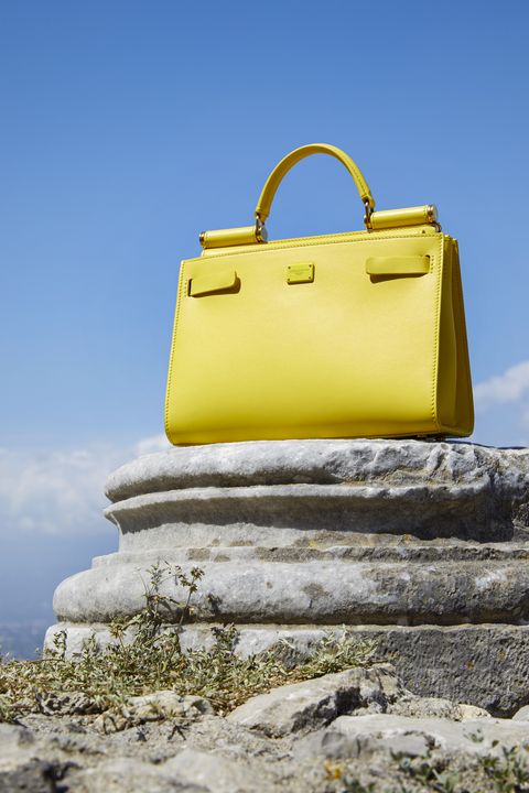 Bag, Handbag, Yellow, Blue, Fashion accessory, Sky, Material property, Luggage and bags, Tote bag, Kelly bag, 