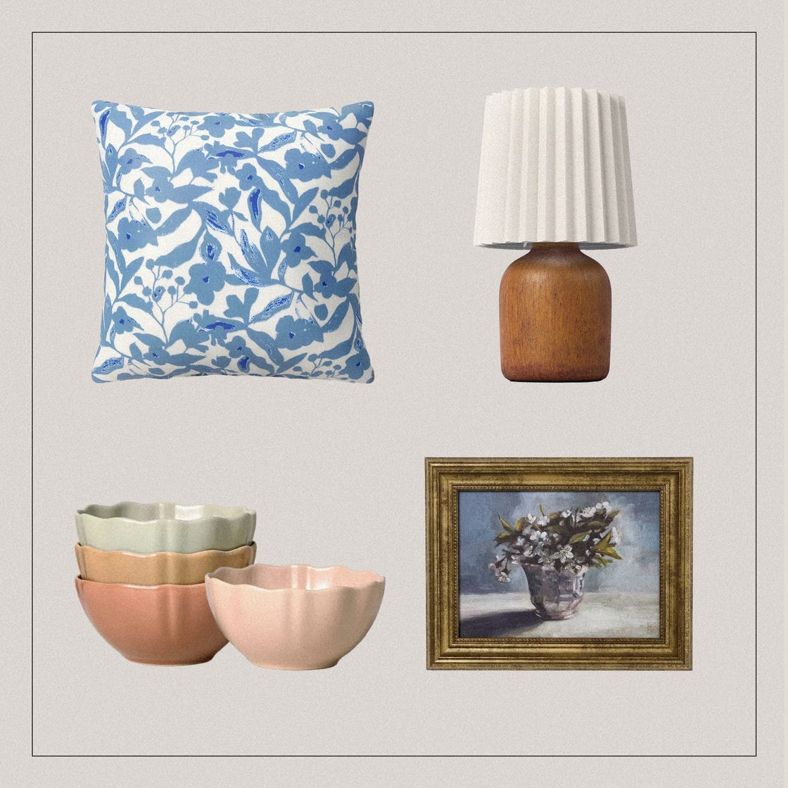 home decor items featuring a floral pillow a wooden lamp decorative bowls and a framed painting