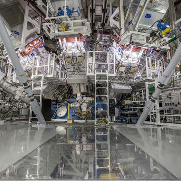 the target chamber of llnl’s national ignition facility, where 192 laser beams delivered more than 2 million joules of ultraviolet energy to a tiny fuel pellet to create fusion ignition on dec 5, 2022