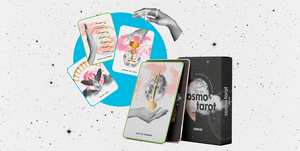 the cosmo tarot deck sits in the foreground, with black and white cutouts of hands placed out over three colorful cards in the background