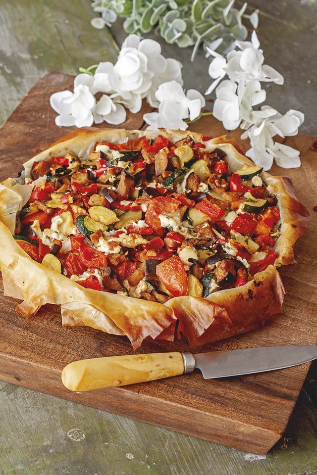 tarta de calabacín, berenjena y tomate
