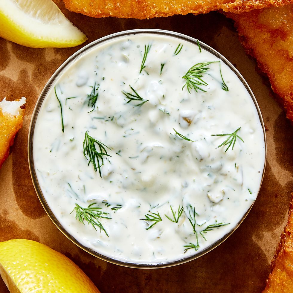 homemade tartar sauce with lemon wedges and fried fish