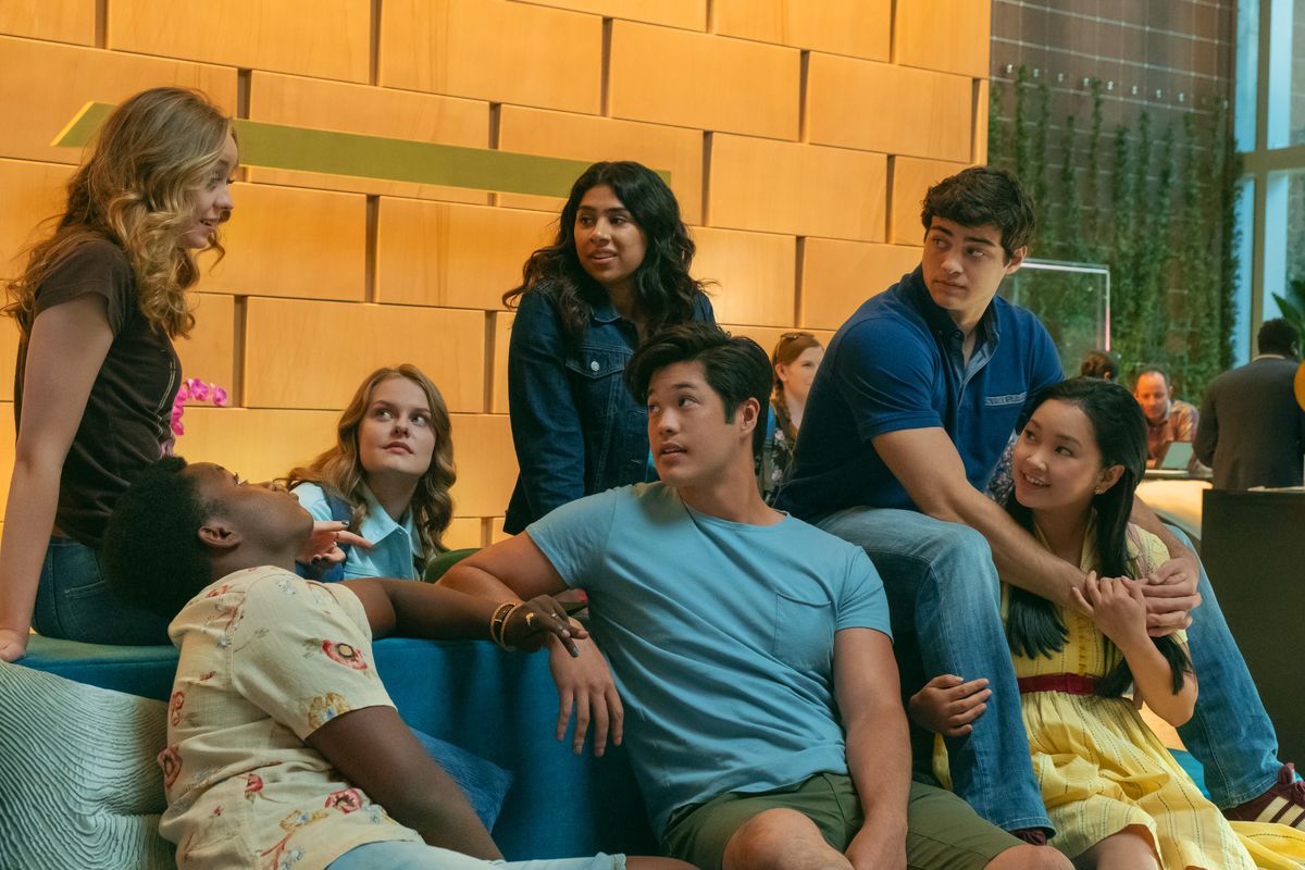 to all the boys ive loved before 3  ross butler as trevor, noah centineo as peter kavinsky, lana condor as lara jean covey,   in to all the boys ive loved before 3 cr katie yu  netflix © 2020