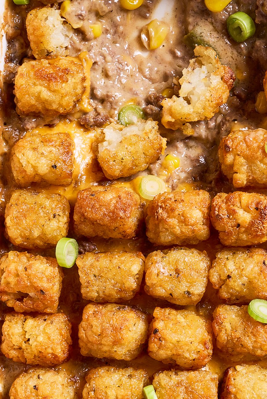 tater tot casserole with ground beef, corn, and cheddar cheese