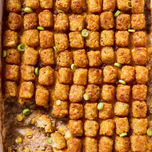 tater tot casserole with ground beef, corn, and cheddar cheese