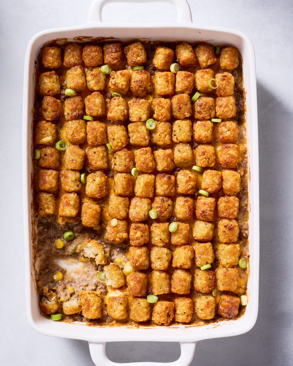 tater tot casserole with ground beef, corn, and cheddar cheese