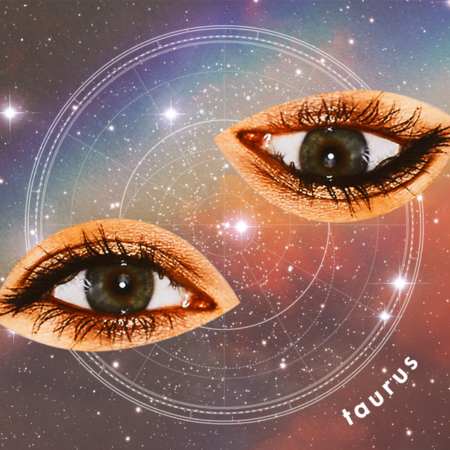 two eyes, one upside down, are placed over a starry rainbow sky the word "taurus" is seen at the bottom of the image