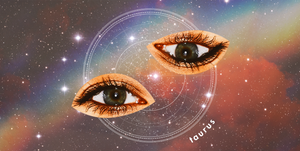 two eyes, one upside down, are placed over a starry rainbow sky the word "taurus" is seen at the bottom of the image