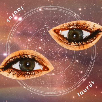two eyes, one upside down, are placed over a background of a dark, starry sky
