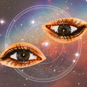 two eyes, one upside down, are placed over a background of a starry rainbow sky