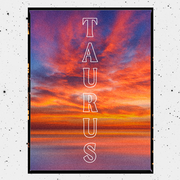 the word taurus in white letters is spelled vertically over a photo of a sunset over water