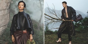 fashionable individuals in nature wearing modern artistic attire