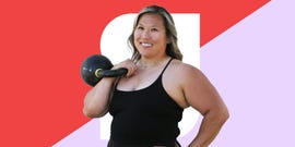 person holding a kettlebell against a colorful background