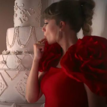 two screenshots from the i bet you think about me music video, the first showing taylor swift licking the icing off a wedding cake and the second showing a bride wrapped in a red scarf