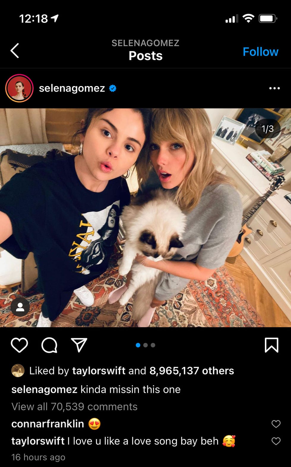 A Taylor Swift le gusta y comenta la publicación de Selena.