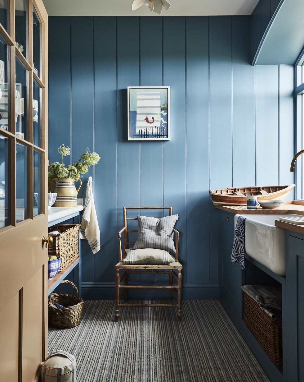 taylor stripe st ives carpet country living collection at carpetright coastal kitchen utility room blue panelled walls striped carpet butler sink nautical style wes anderson