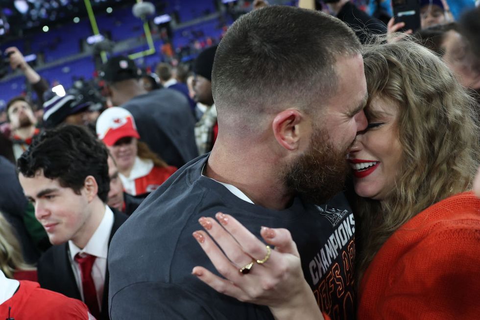 baltimore, maryland january 28 travis kelce 87 of the kansas city chiefs embraces taylor swift after a 17 10 victory against the baltimore ravens in the afc championship game at mt bank stadium on january 28, 2024 in baltimore, maryland photo by patrick smithgetty images