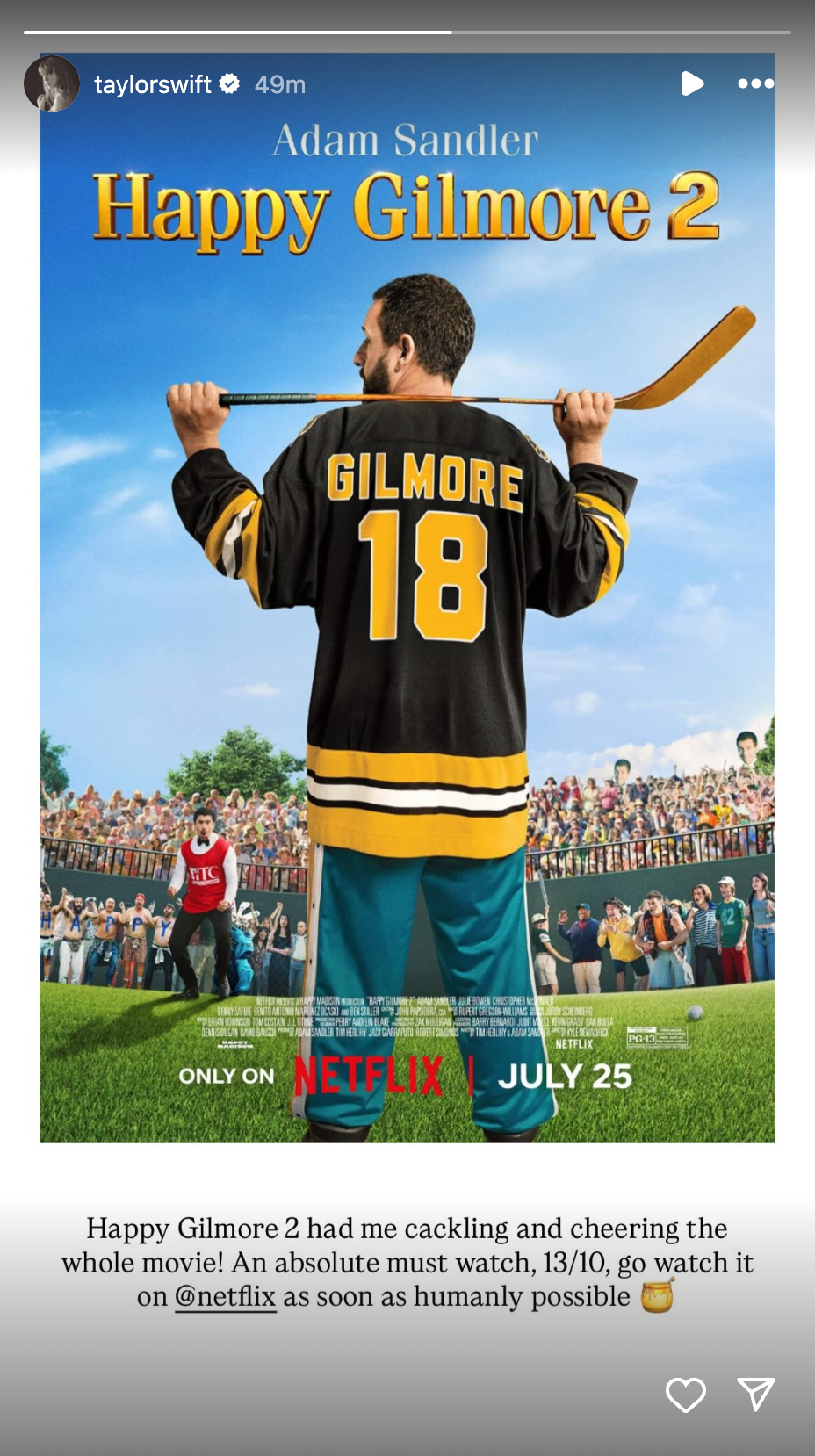 taylor swift promotes ‘happy gilmore 2’ on instagram