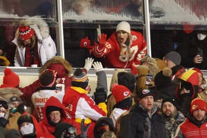 kansas city, missouri january 13 taylor swift celebrates with fans during the afc wild card playoffs between the miami dolphins and the kansas city chiefs at geha field at arrowhead stadium on january 13, 2024 in kansas city, missouri photo by jamie squiregetty images