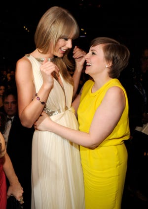 los angeles, ca   february 10  taylor swift and lena dunham attend  the 55th annual grammy awards at staples center on february 10, 2013 in los angeles, california  photo by kevin mazurwireimage