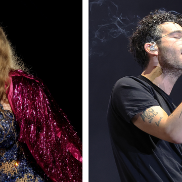 taylor swift and matty healy both singing into microphones at different concerts
