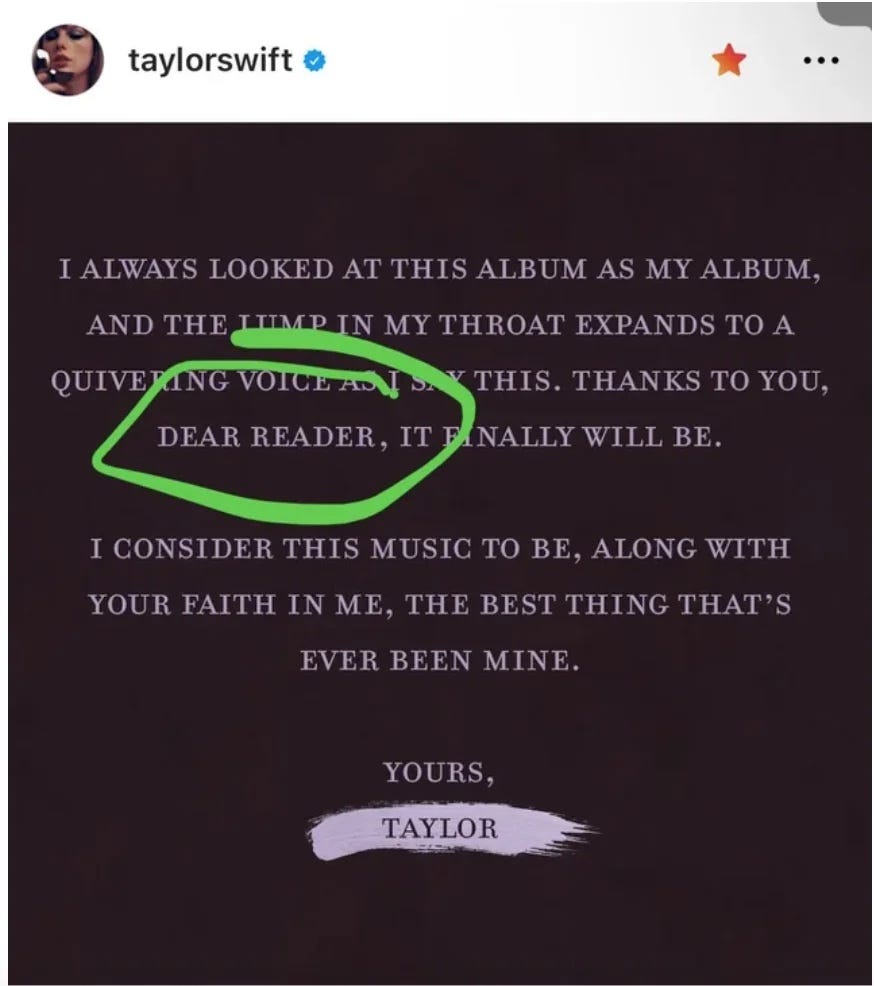 taylor swift memoir evidence dear reader speak now taylor's version ig