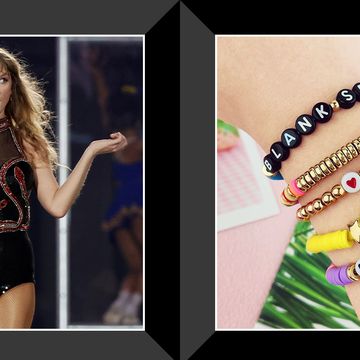 taylor swift performing on stage for eras tour, swiftie bracelets