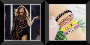 taylor swift performing on stage for eras tour, swiftie bracelets