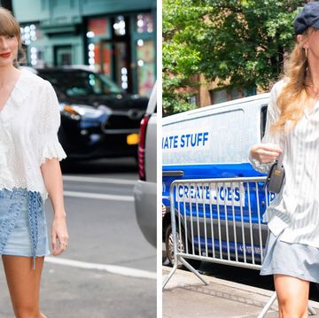 a collage of taylor swift wearing two free people skorts while walking into her recording studio in new york city
