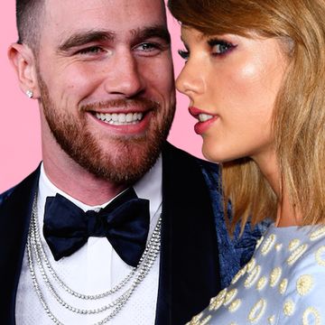 a collage image of travis kelce and taylor swift