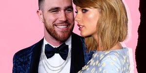 a collage image of travis kelce and taylor swift