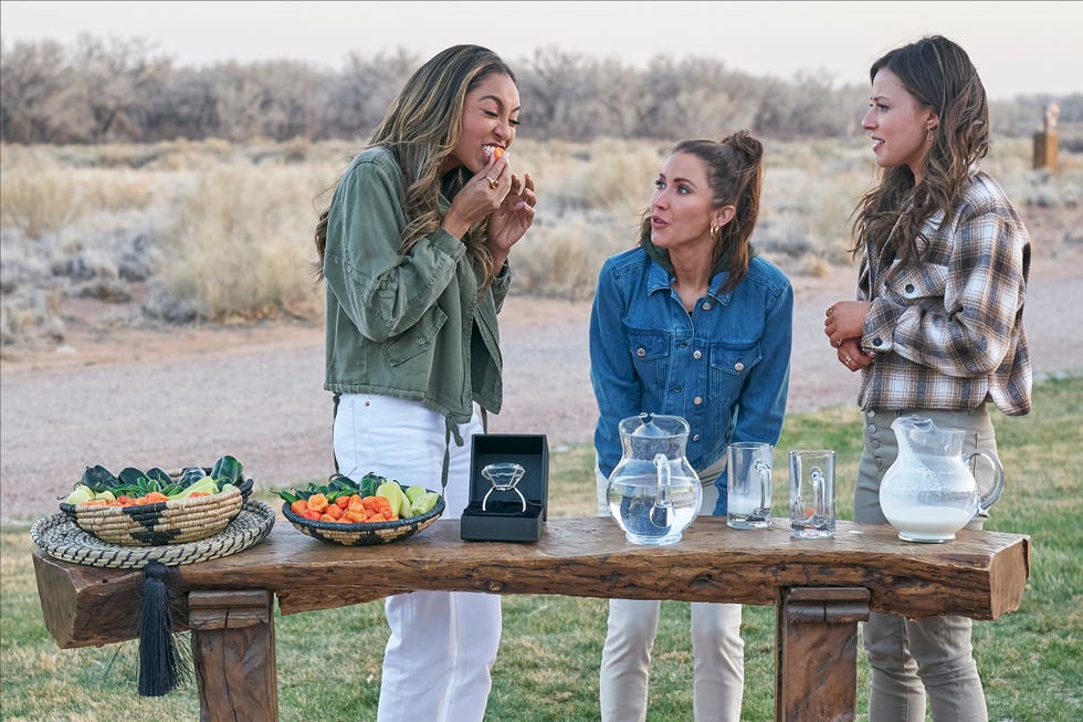 the bachelorette   1704  a group date of truth or dare seems to be all fun and games until the night takes a serious turn and the men find themselves contemplating telling katie a slimy secret theyve uncovered later, tayshia surprises katie with a revelation about someone from her past and the men band together to tell the truth, leaving one suitor to fend for and defend himself tired of questioning who is here for the right reasons, our strong willed bachelorette takes a stand like weve never seen before to ensure the house is filled with good vibes only its a rollercoaster of a week, to say the least, on an all new the bachelorette, monday, june 28 800 1000 pm edt, on abc craig sjodin via getty images
tayshia adams, kaitlyn bristowe, katie thurston