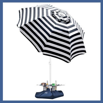 a couple of blue and white umbrellas