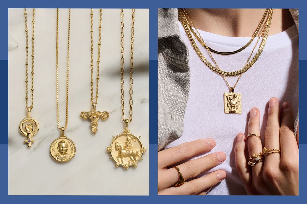 a collage of a person wearing a necklace and a gold chain