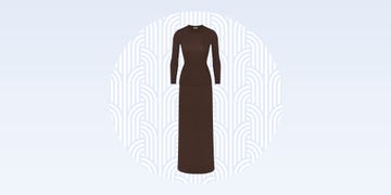 long brown dress with long sleeves and a fitted silhouette