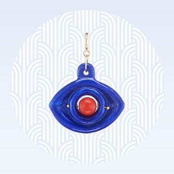 a lapis and coral evil eye necklace