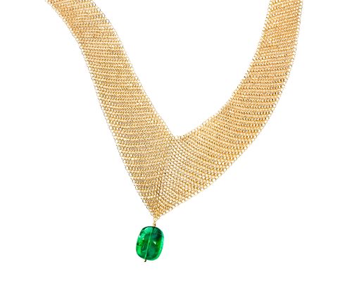 tifany  co elsa peretti mesh bib necklace in 18k gold with tumbled emerald bead