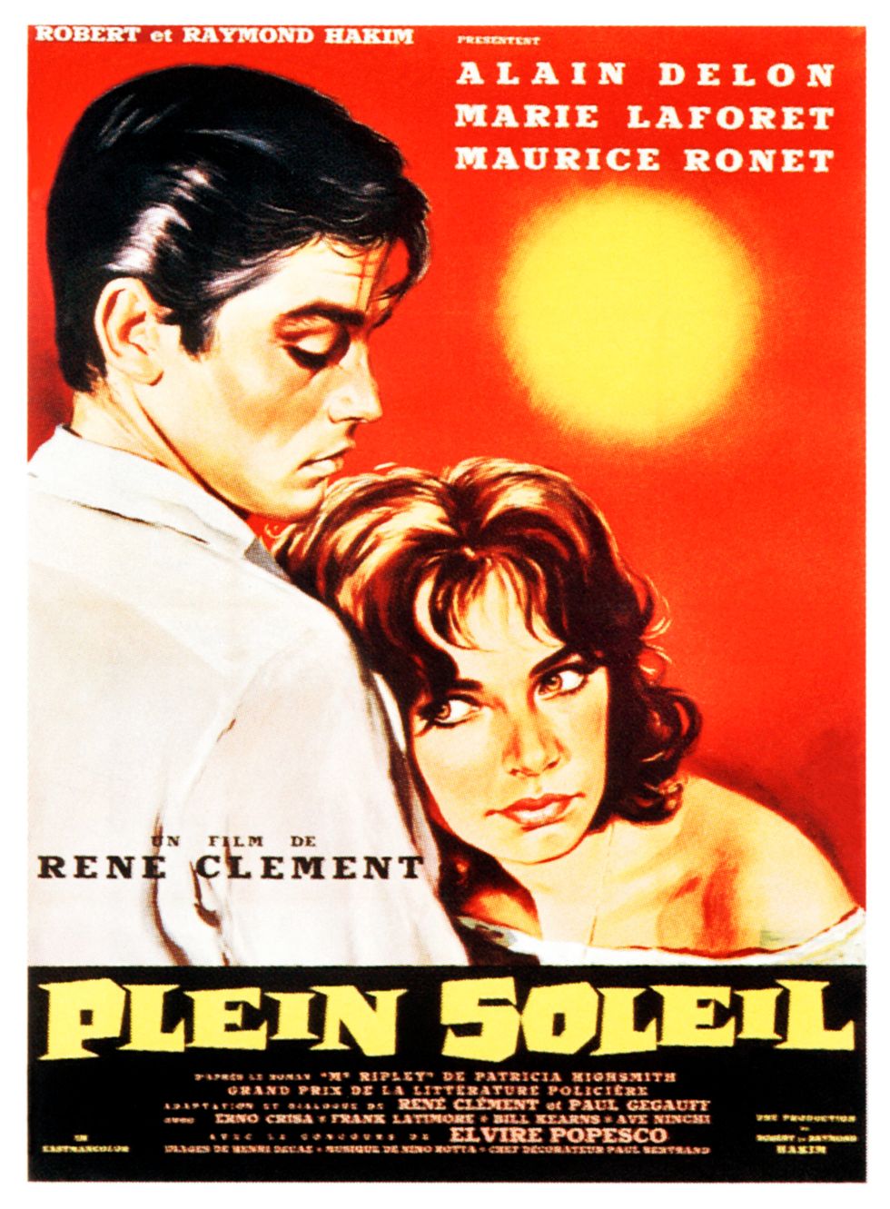 purple noon, poster, aka plein soleil, from left alain delon, marie laforet on french poster art, 1960 photo by lmpc via getty images