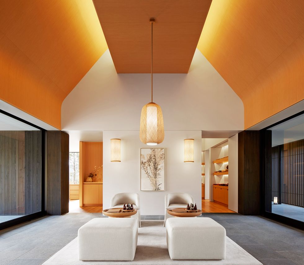 Ceiling, Interior design, Orange, Room, Property, Building, Architecture, Furniture, Yellow, House, 
