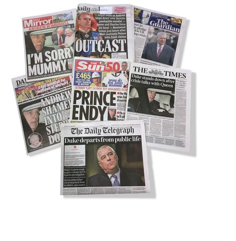 the front pages of national newspapers the day after the duke of york suspended his work with his charities, organisations and military units because of the fallout from his friendship with sex offender jeffrey epstein photo by zoe linksonpa images via getty images