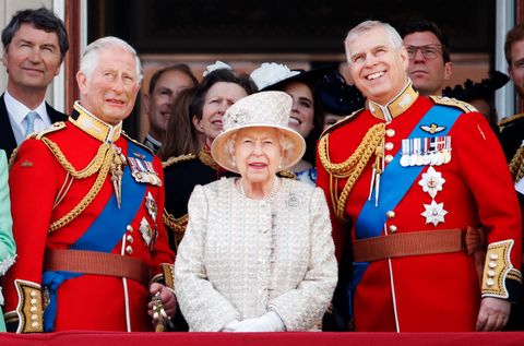 london, united kingdom   june 08 embargoed for publication in uk newspapers until 24 hours after create date and time prince charles, prince of wales, queen elizabeth ii and prince andrew, duke of york watch a flypast from the balcony of buckingham palace during trooping the colour, the queens annual birthday parade, on june 8, 2019 in london, england the annual ceremony involving over 1400 guardsmen and cavalry, is believed to have first been performed during the reign of king charles ii the parade marks the official birthday of the sovereign, although the queens actual birthday is on april 21st photo by max mumbyindigogetty images