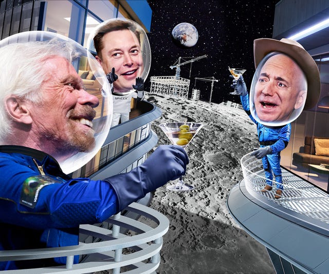 richard branson, elon musk, and jeff bezos on the moon