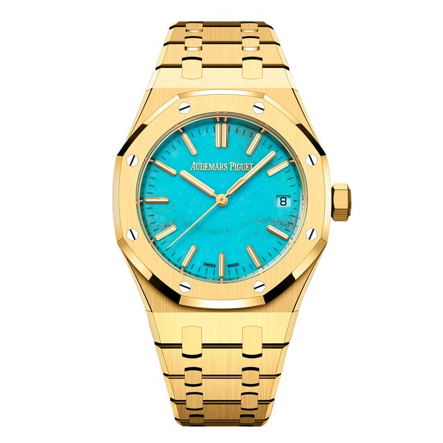 a gold and blue wrist watch