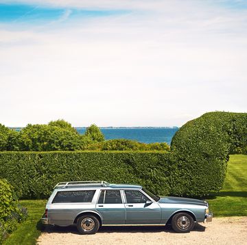 family station wagon in front of fancy hedge