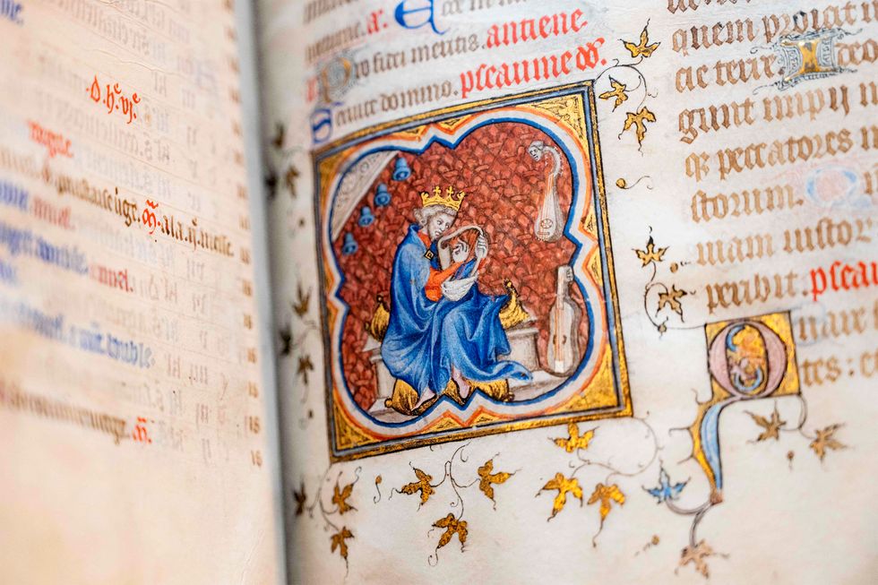 a photo shows a detail in the breviary of king charles v of france 1338 1380, an illuminated manuscript from the 1370s, at the richelieu site of the national library of france bnf in paris, on april 17, 2023 a call for donations and patrons has been launched to bring back, 300 years after its departure, a 14th century book that is a precious testimony to the history of the kings of france the bnf needs 16 million euros to buy the breviary of charles v from a foreign collector, who wishes to remain anonymous photo by alain jocard afp photo by alain jocardafp via getty images