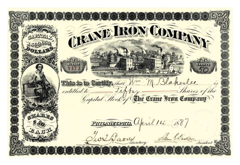 united states   circa 1887  an anvil and a smelting plant adorn this pennsylvania stock certificate  photo by buyenlargegetty images