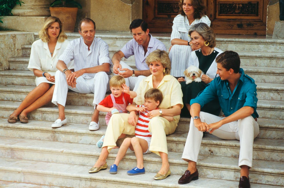 diana princess of wales  and prince charles and their sons william and harry on holiday with the spanish royal family  including king juan carlos i