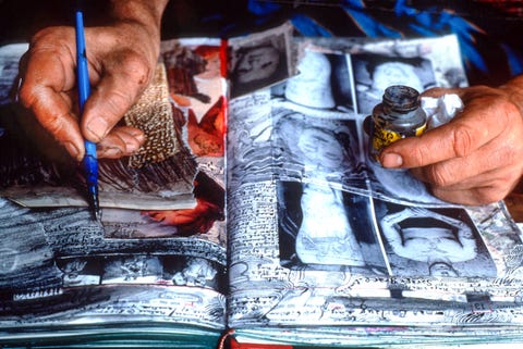 author, artist, diarist and photographer peter beard works on one of his diaries at hog ranch outside of nairobi, kenya